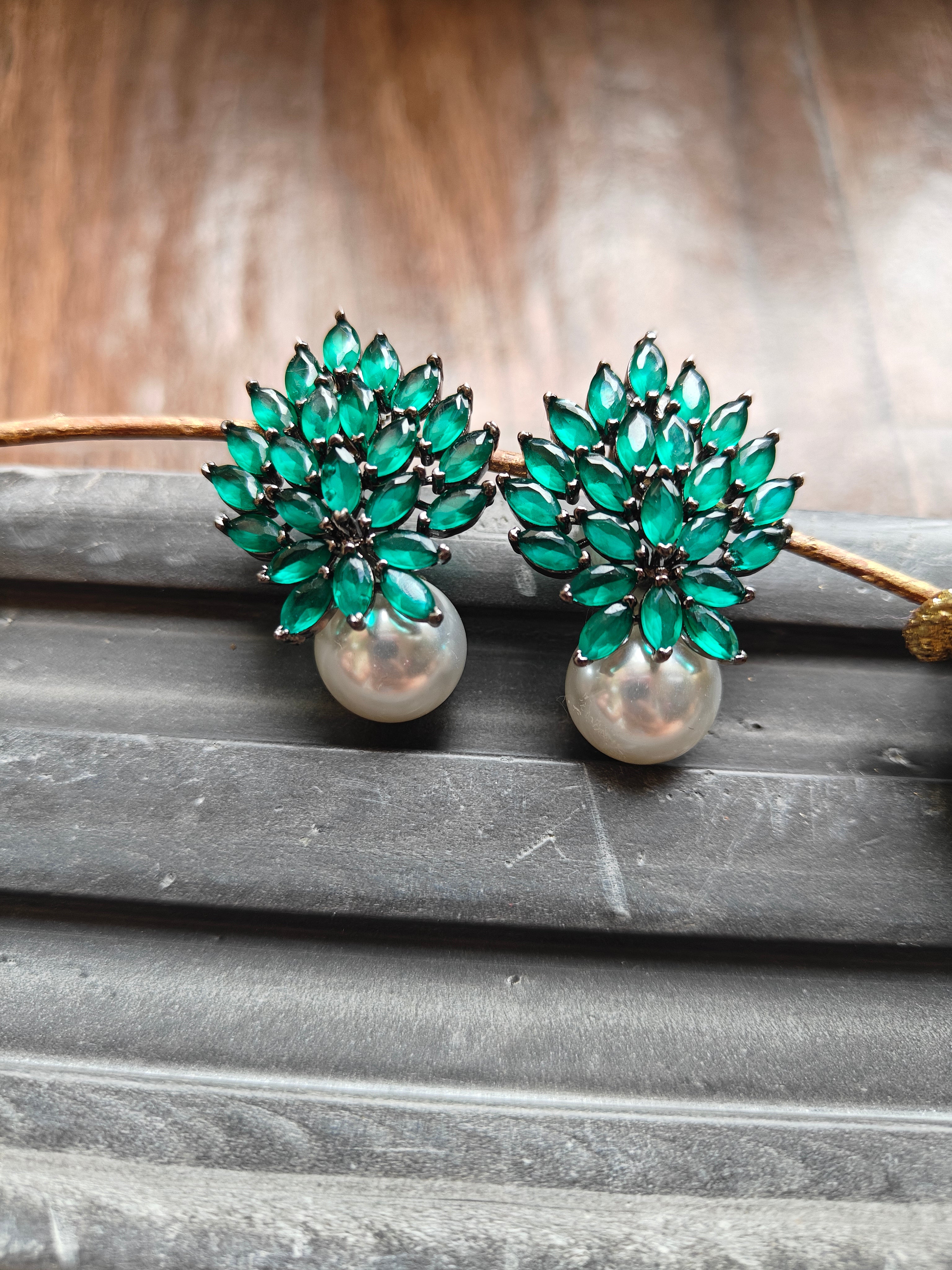 Emerald Pearl Floral Studs