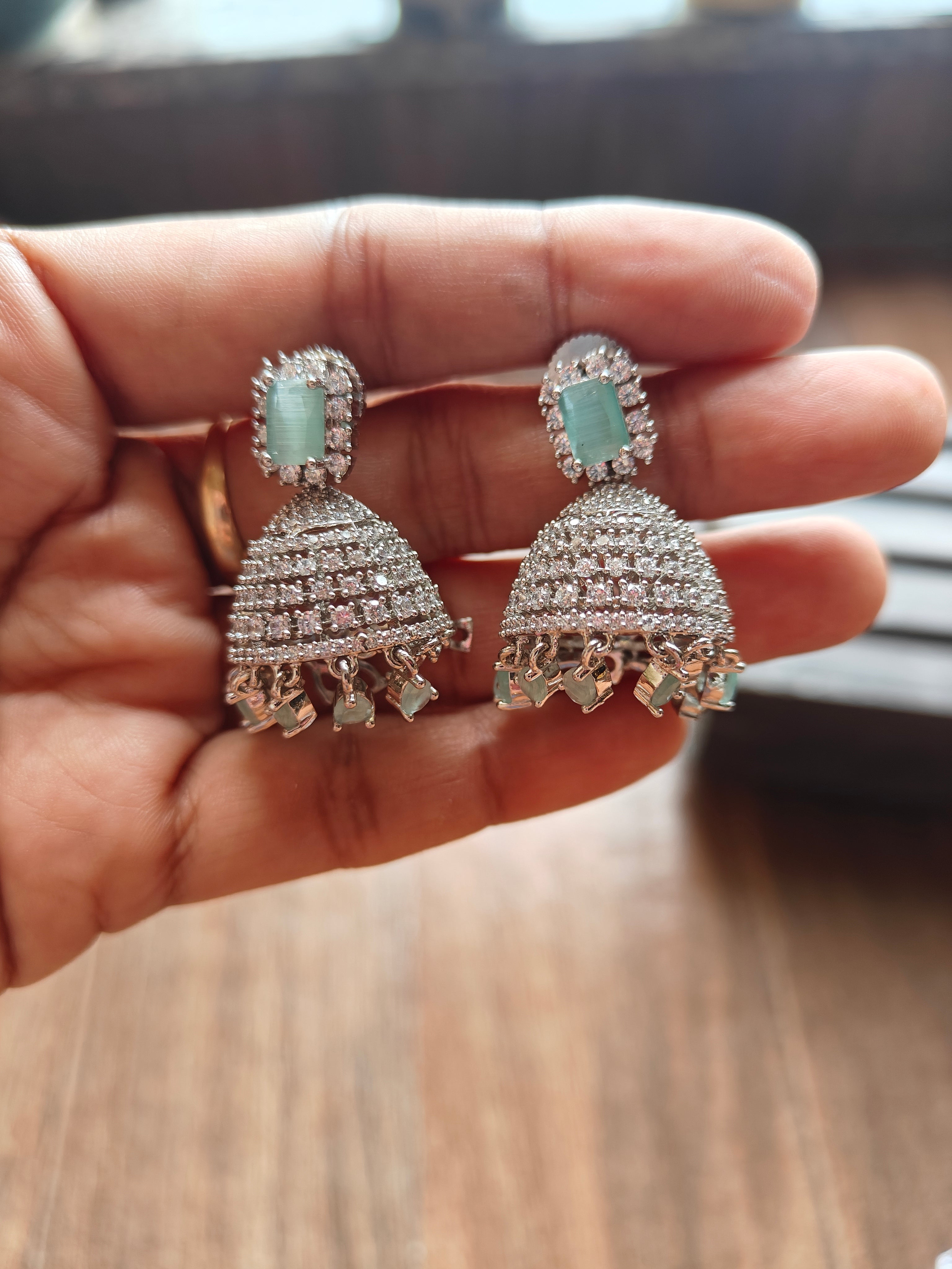 Mint Crystal Jhumka Earrings