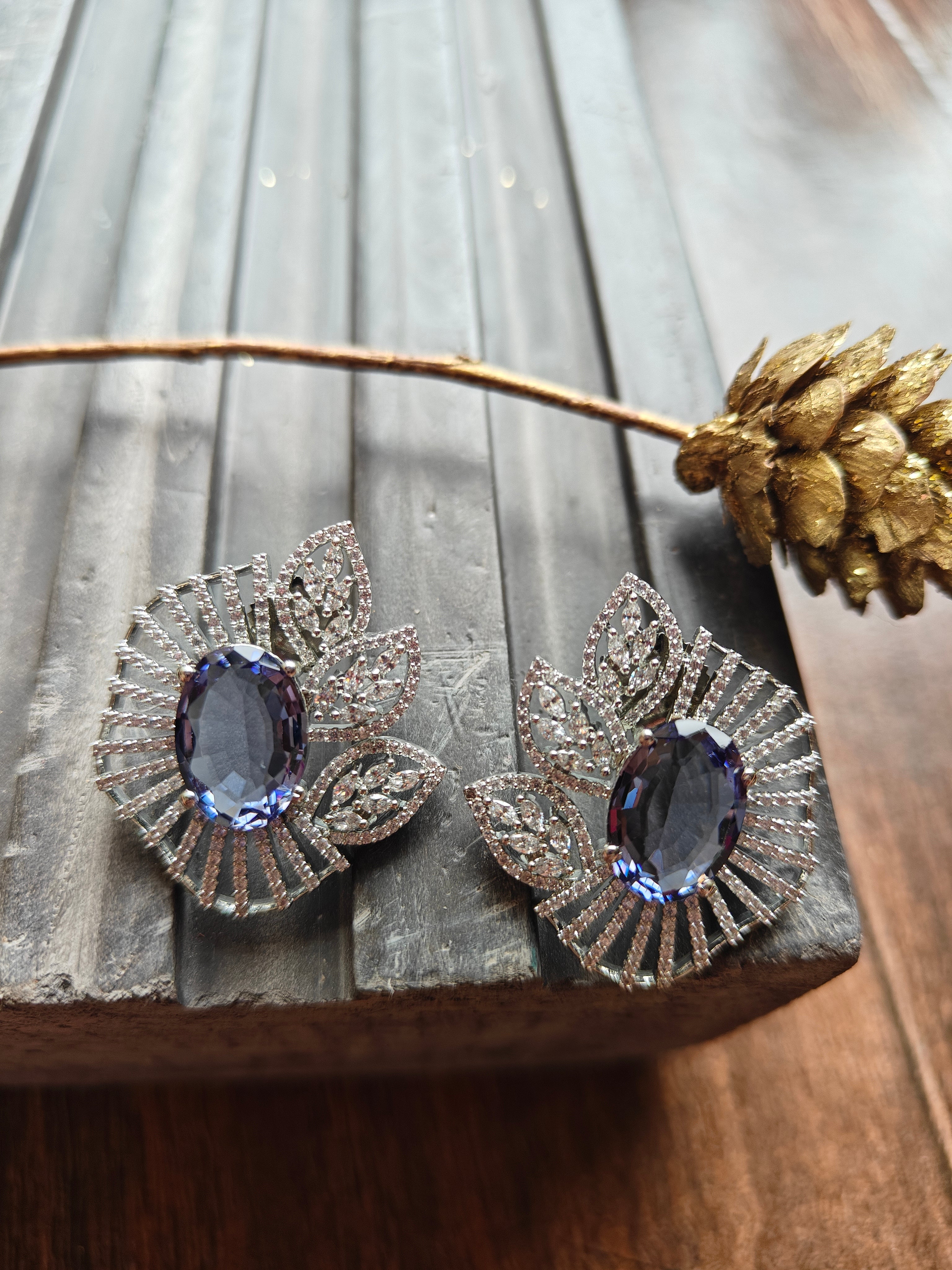Midnight Blue Fan Floral Stud Earrings
