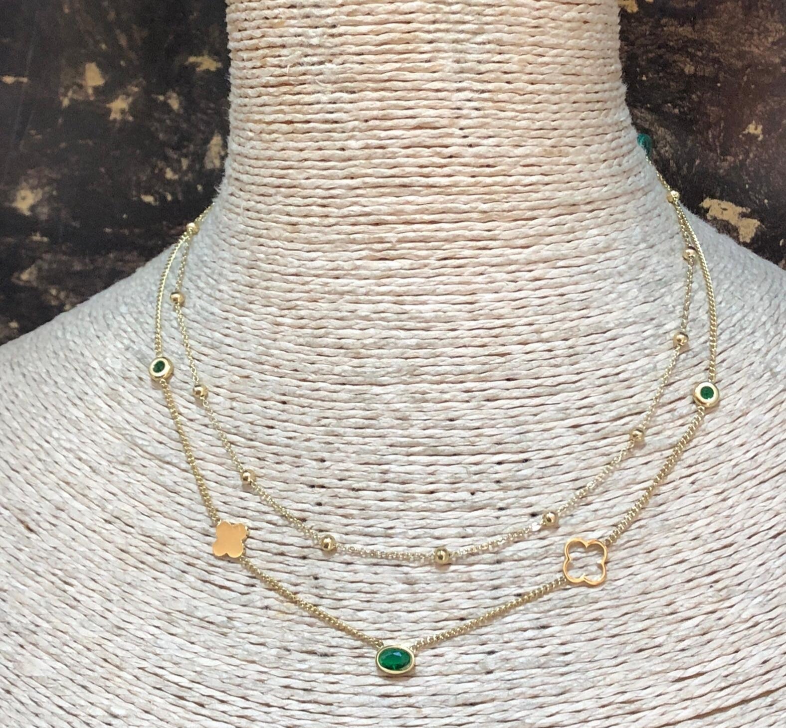 Dual-Layer Clover & Emerald Necklace (Green)