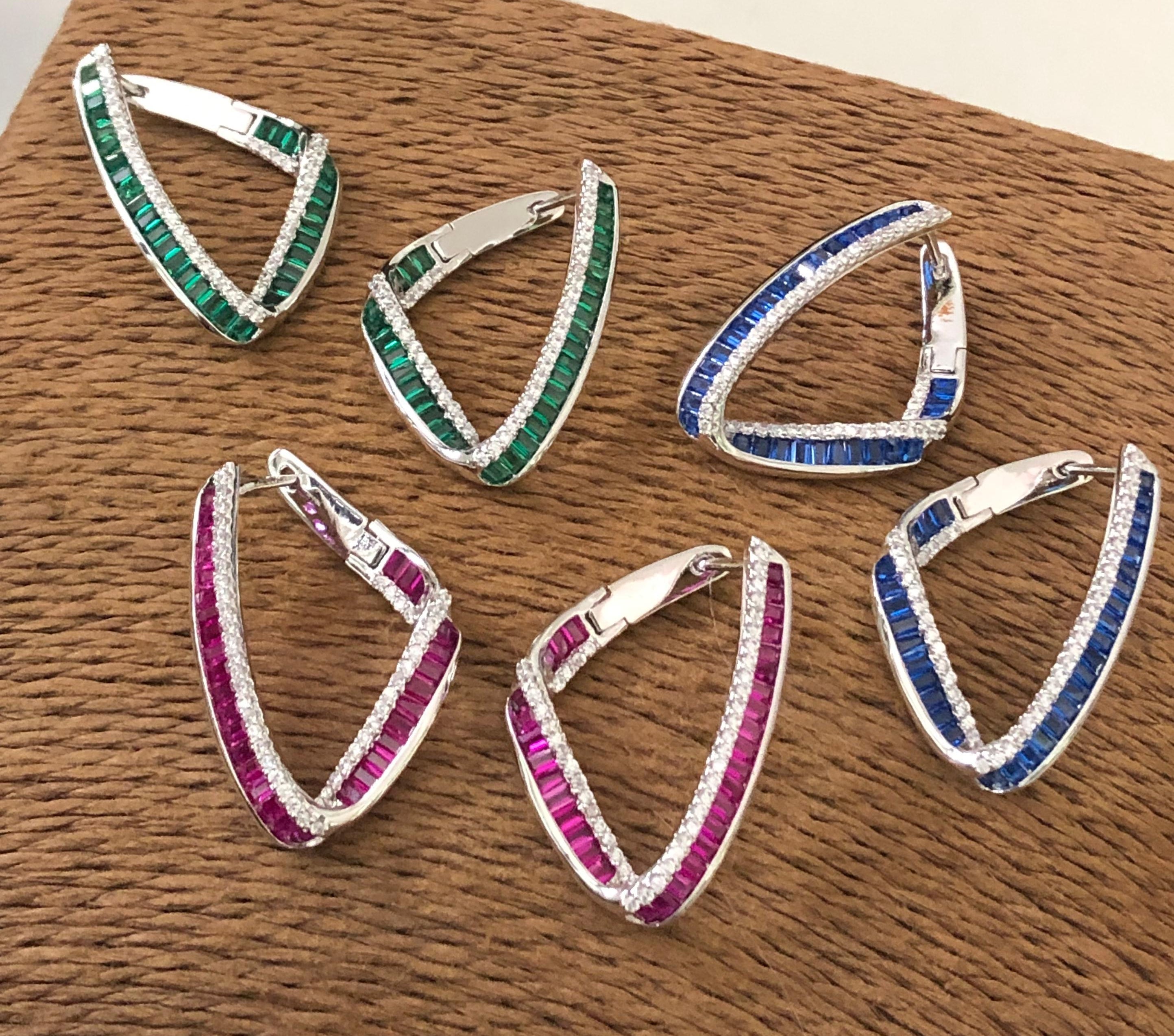 Emerald & Sapphire V-Curve Crystal Hoop Earrings