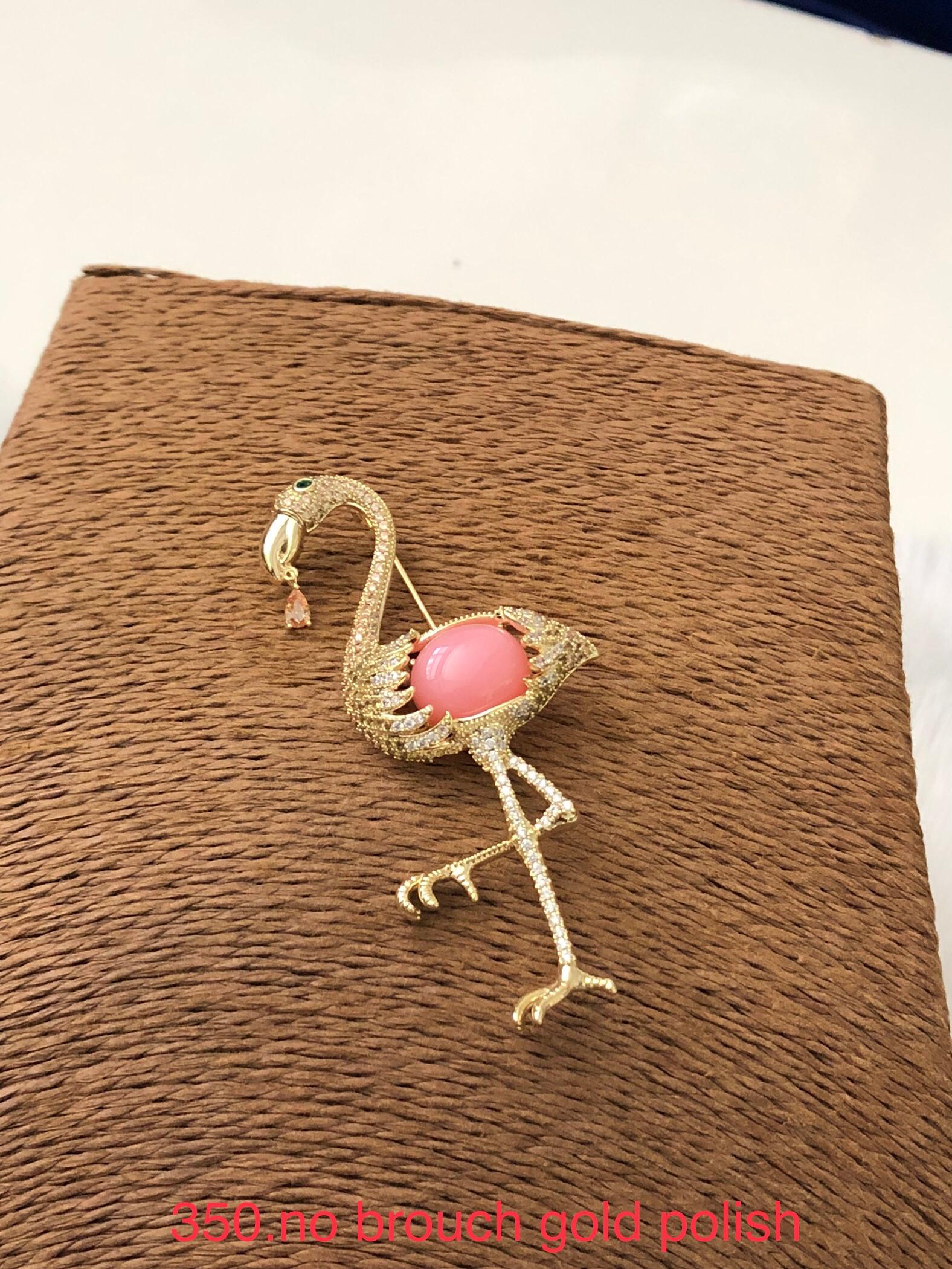 Flamingo Brooch with Pink Stone – Gold Polish