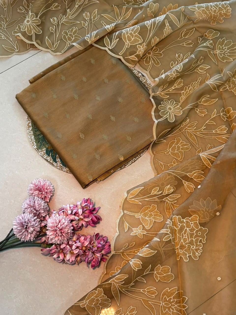 Silk suit with embroidered dupatta