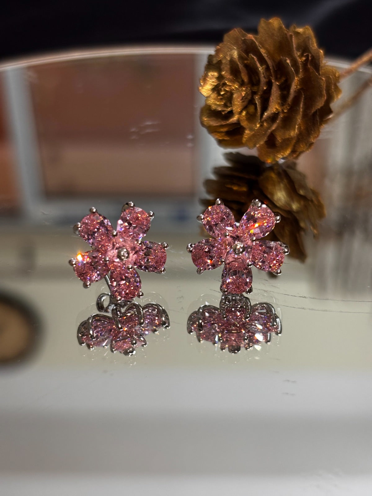 Blossom Pink Cubic Zirconia Flower Stud Earrings