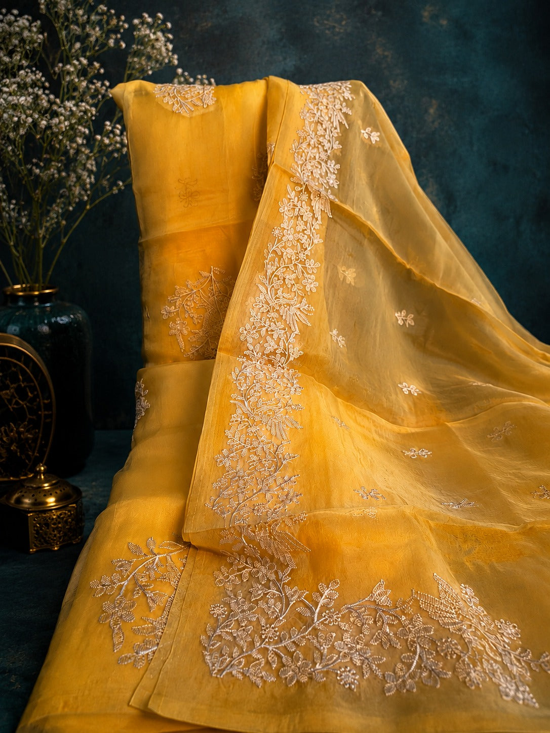 Pure Organza Embroidered Unstitched Suit Set in Bright Yellow