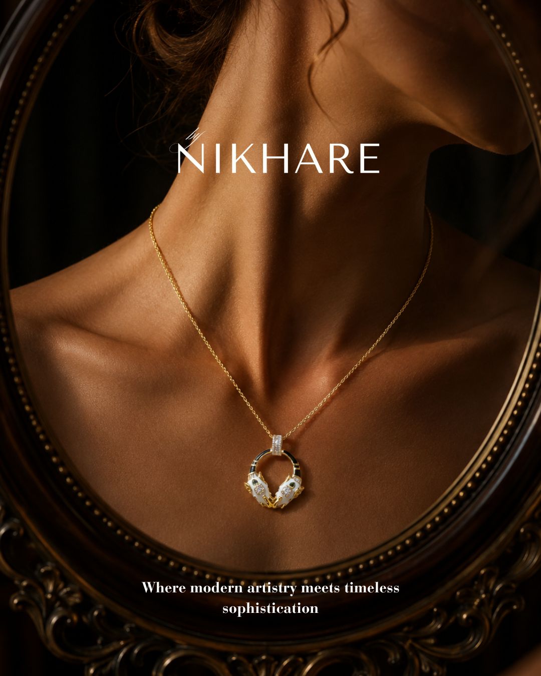 Twin Panther Halo Pendant Necklace – Gold Finish
