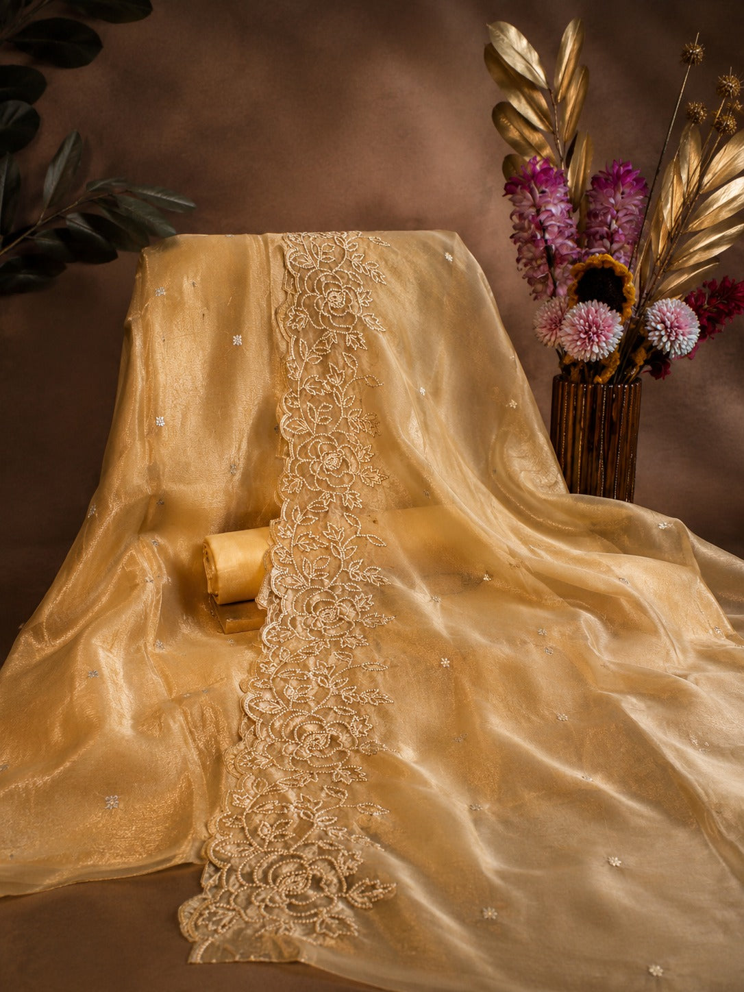 Golden Tissue Silk Unstitched Suit Set