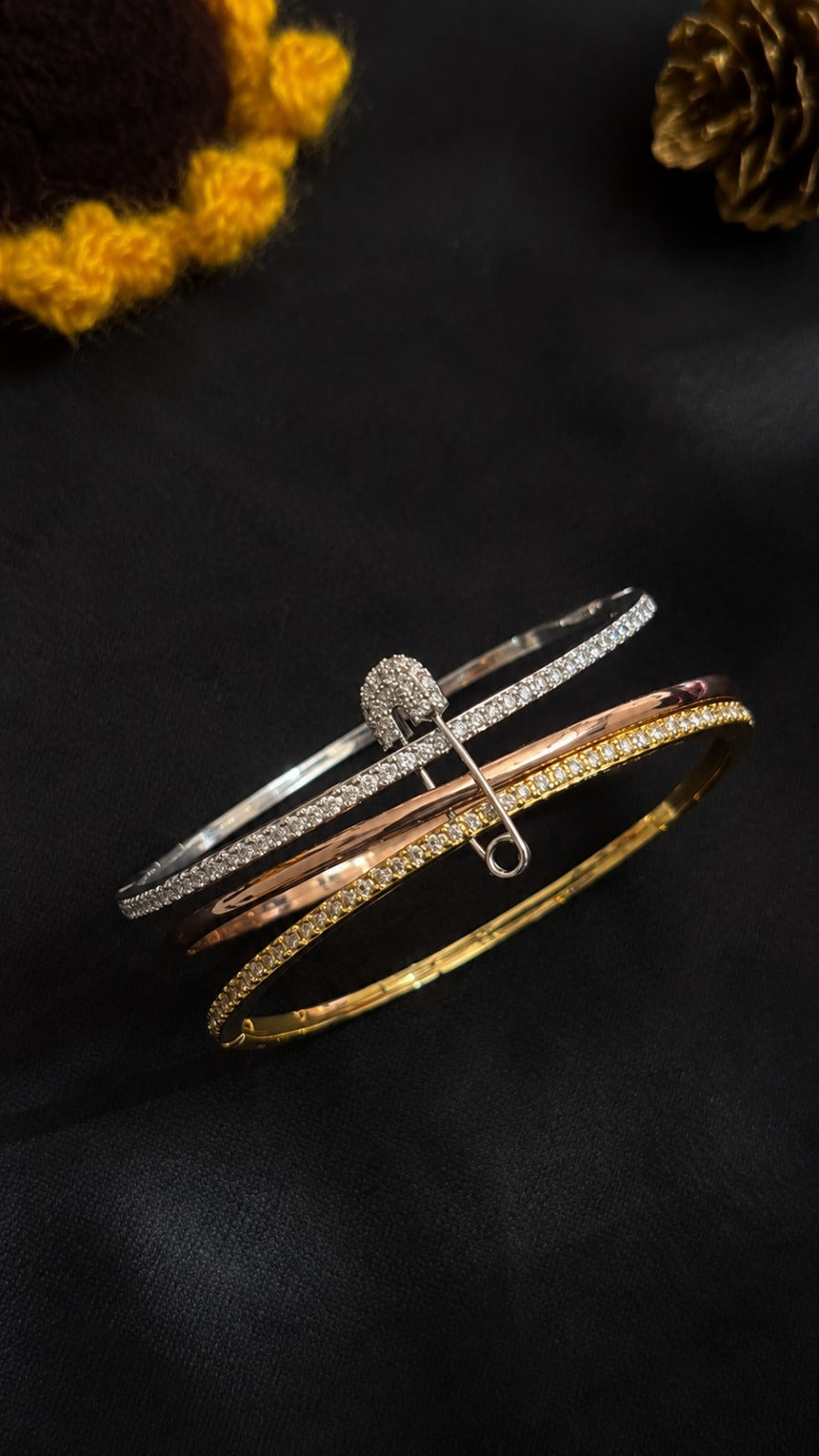 Triple-Tone Diamond Safety Pin Bangle Set