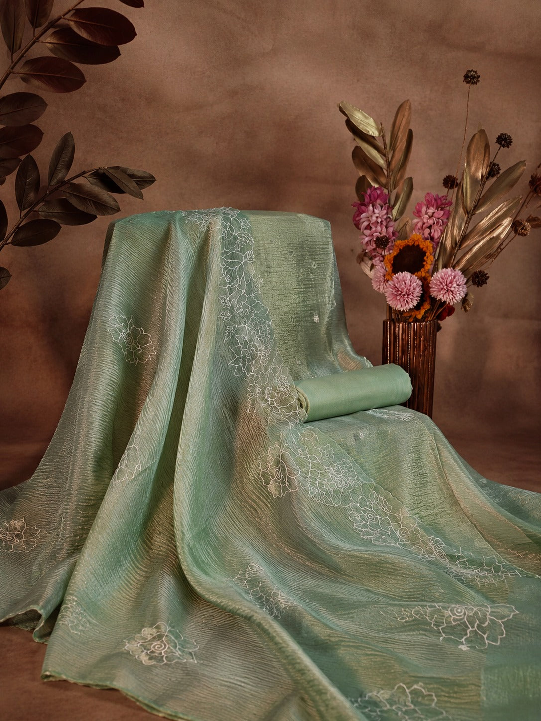 Sage Green Embroidered Pure Tissue Unstitched Suit Set